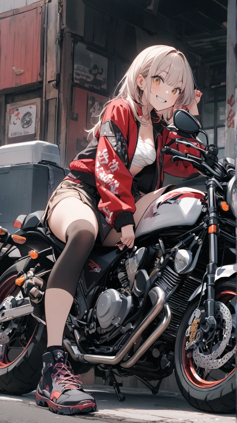 8K、Very detailed、whole body、Black semi-long hair、Wear a red cropped leather jacket、Wearing a white tank top、Wear black leather shorts、Wear black short boots、Leaning on the legs of a giant robot、woman、Illustration by Yoshitaka Amano