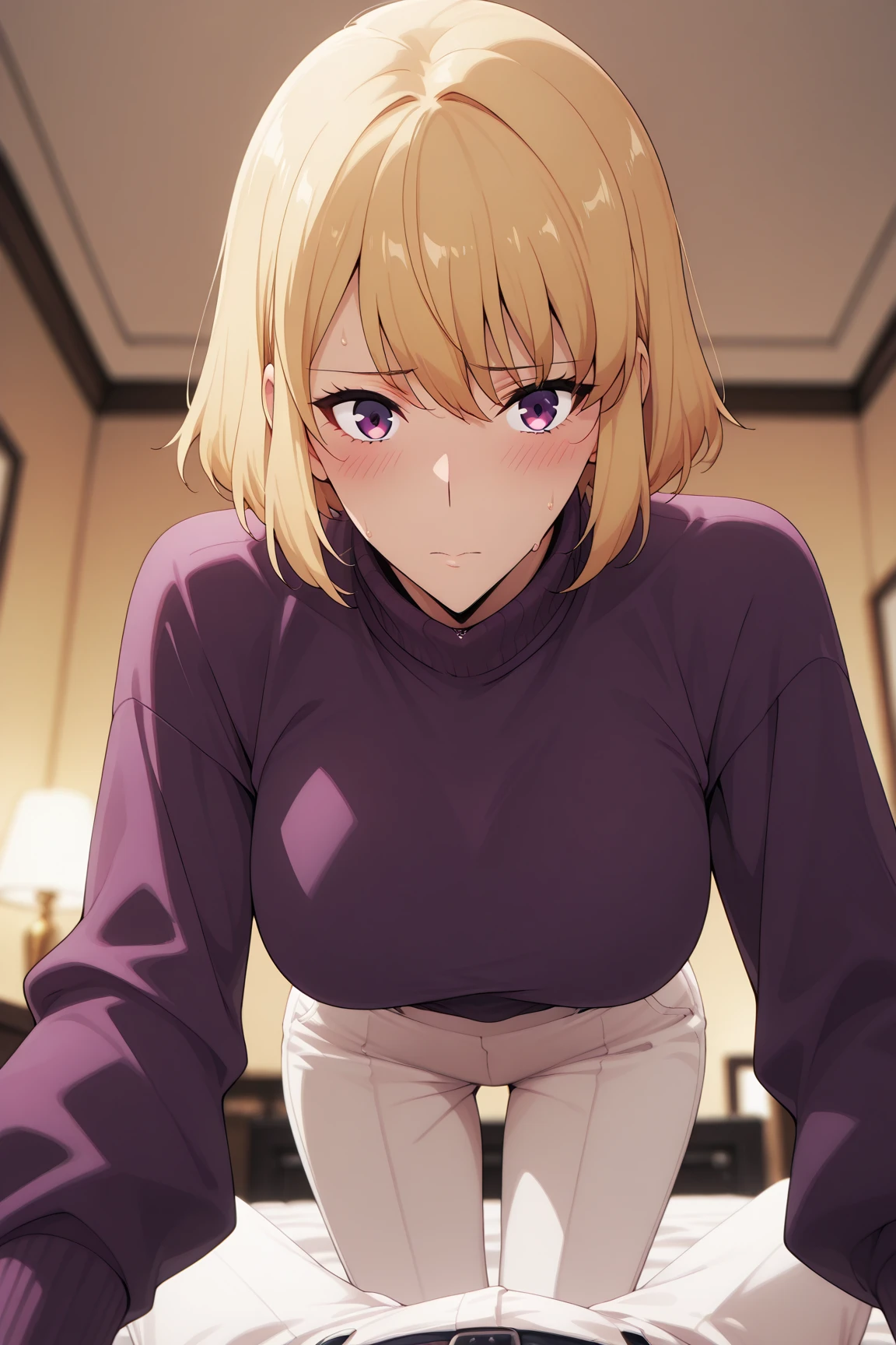 1 girl in, purple color hair、Purplish pink eyes that dreamers , (Blonde hair) , small stature, Colossal tits, asutepiece:1.2, Best Quality), (finely detailed beautiful eye: 1.2), (beautifull detailed face), (Best Illumination, extremely delicate and beautiful), ((Cinematic Light)), Dramatic light, (Pale white background:1.5), Short bob hair(1:3)、Ultra Contrast、Braid a little around the ears, clavicle, White long dress、Perfect Finger、only has 5 fingers、Viewed from a 90° angle、Arms crossed、The gaze is looking straight up、his gaze shifts from above.、Sitting on a chair、Bedrooms、grab the arm、Shot from directly below、The angle is as seen from below.、Best Quality、Large breasts、hil image quality、hightquality、8K,perfect hand、5 fingers、finger pin、Perfect Finger、noise cut、bullet hand、Her hair color should have been a brighter purple.The skirt part is also carefully expressed..、Purple skirt、the skirt is floating in the wind、Holding the skirt with both hands、Squat position, break (off shoulder:1.4), (Lean forward, cleavage:1.3), (de, 1boy and girlbehind:1.6)