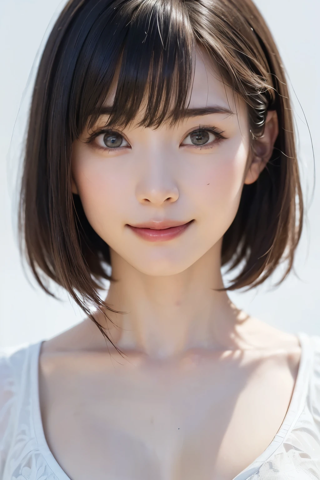 女の子1人、top-quality、realisitic、report、depth of fields、natural soft light、during daytime、魅惑的、beauitful face、Cleanliness、Pure face、de pele branca、cute hawk hair、bangss、the beach、rays of sunshine、Nedium Breast Body Esbian、((Beautiful face with sweater golden ratio Beautiful face with symmetry))、long neck、Put your ears out、bangssのあるきれいな短いボブヘア、Smile with your mouth closed:1.4、Smile with your mouth closed:1.4、perfect hand指、perfect hand、Perfect body、face perfect、Shine a light into the eyes、Perfect Anatomy:1.4、very cute super model:1.4