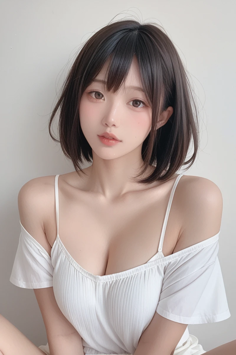 Heavy makeup,masterpiece, Highest quality, (Dark Photos:1.3), One girl wearing a lace camisole, Flat bangs, A beautiful innocent symmetrical face, Emotional, Ulzzang, (Purelos Face_v1:0.7),Small cleavage,((skirt))