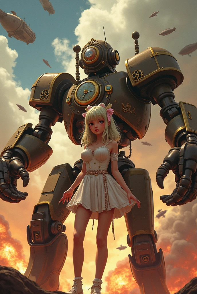 cute big eyes translucent green mushroom droids and a beautyfull girl,virus fight the droids,by Daniel Merriam, Nikolina Petolas, Peter Gric, Dariusz Klimcza full colors, hair backlighting, back lighting, volumetric lighting, 8K, perfect eyes, perfect pupils, expressive eyes, hands by Albrecht Durer, smoke, particle fx, mist, fog, fire, explosions, debris,