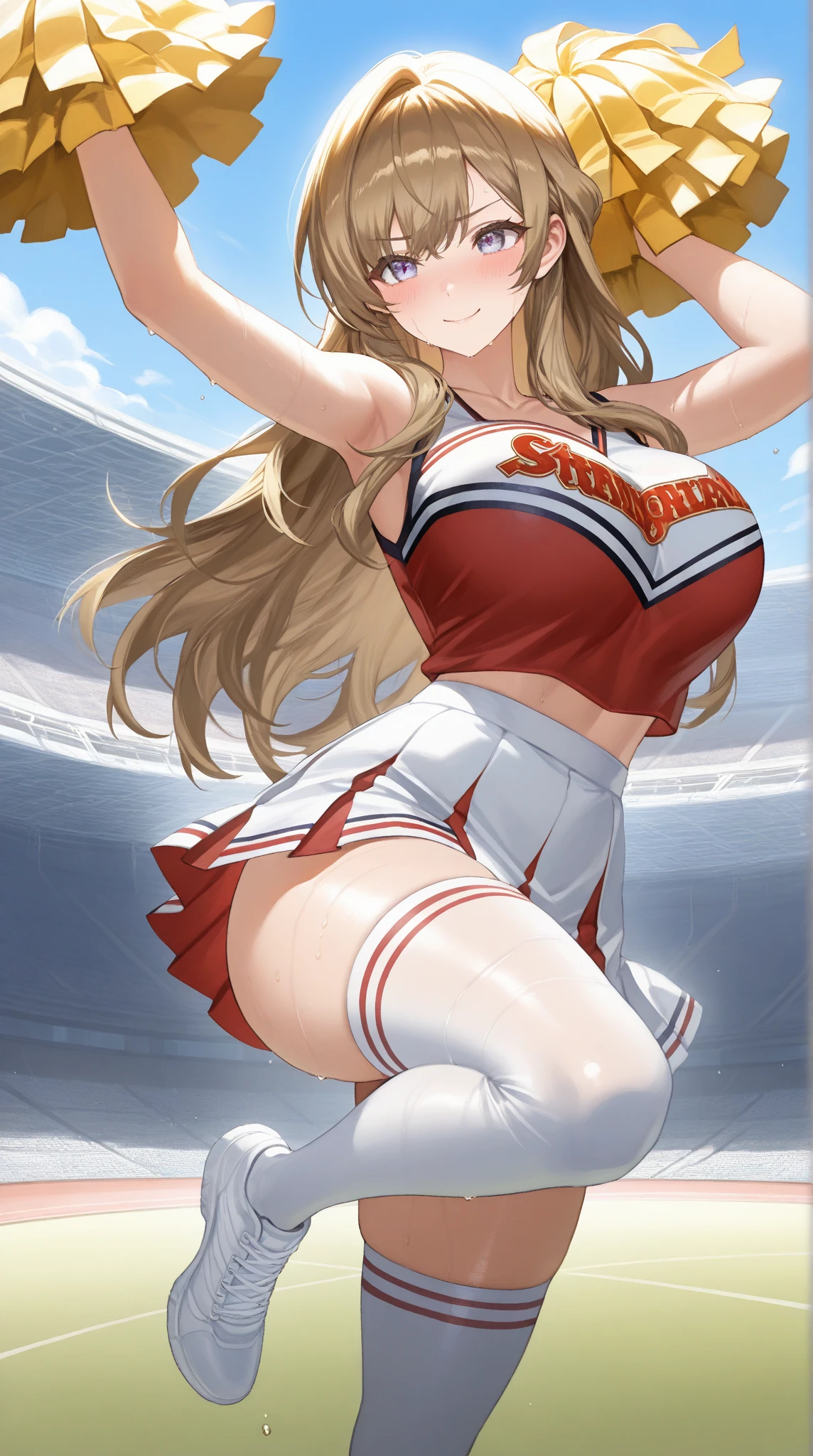 Masterpiece ,best quality , high resolution , (1 girl solo:1.38) , (mavis, long hair, blonde hair, (green eyes:1.5), ahoge, wavy hair, animal ears,) , (cleavage:1.2) , (medium breast:1.28) , (wear baseball hat , belly , navel , sport top , sport short , stockings ) , (arms behind back . hands behind back) , (cleavage:1.15) , (big breast:1.1) , (face view , look at view ) , (outdoor , Baseball field，race，streamers，victory，celebrate) , (standing , Legs , thighs , cowboy shot) , ( full face blush , shy , smile , open mouth)