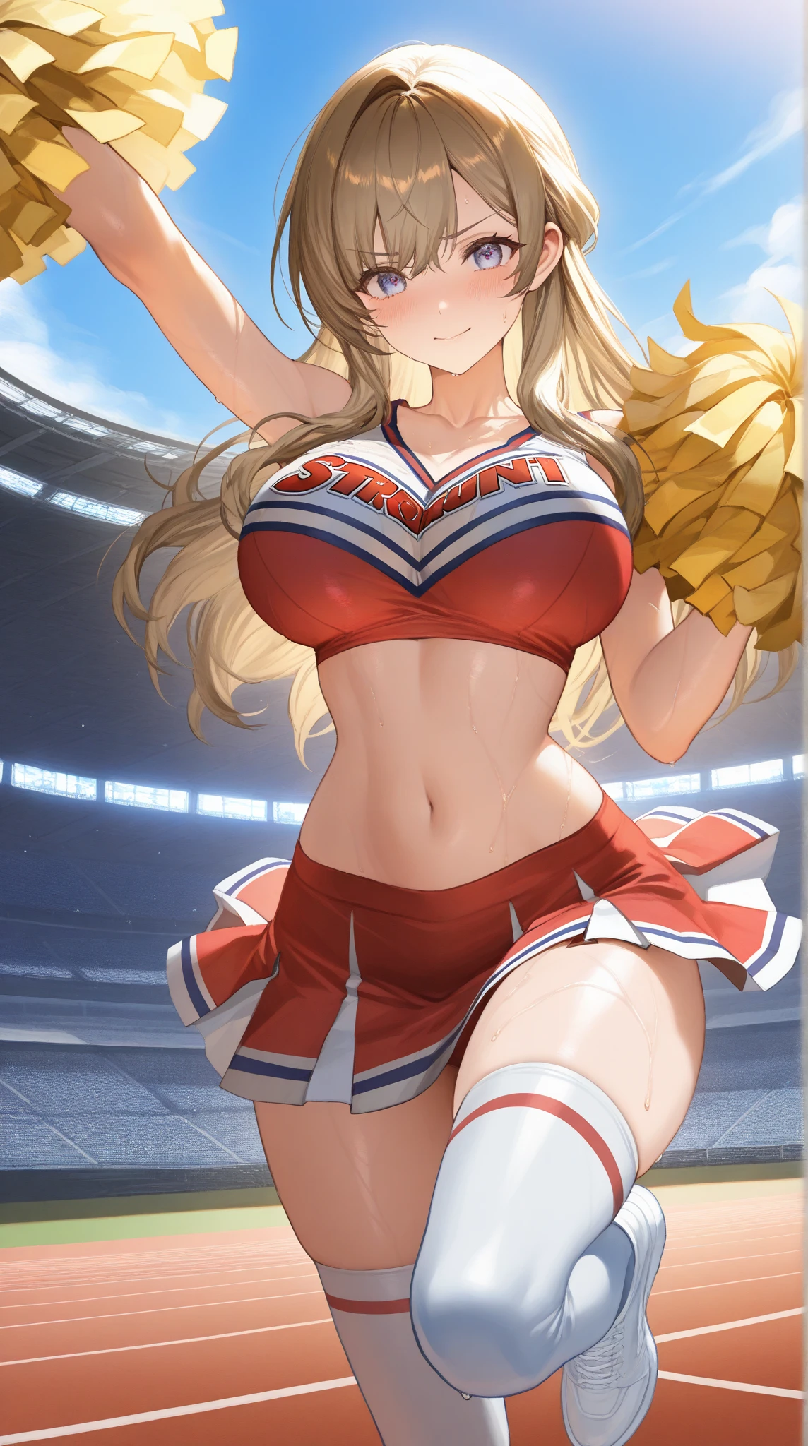 (cutesexyrobutts art style:0.7), score_9, score_8_up, score_7_up, score_6_up, erina nakiri, long hair, blonde hair, purple eyes, BREAK (masterpiece:1.2), best quality, high resolution, (beautiful detailed eyes:1.3), perfect lighting, (perfect hands, perfect anatomy), hearts, pleasured, large breasts, sagging breasts, 1girl, breasts, pom pom \(cheerleading\), cheerleader, solo, skirt, one eye closed, navel, smile, midriff, crop top, open mouth, full body, panties, field, looking at viewer, underwear, white background, pleated skirt, thigh strap, thighs, sandals, sleeveless, arm up, bare shoulders, choker, cloudy sky, dusk,