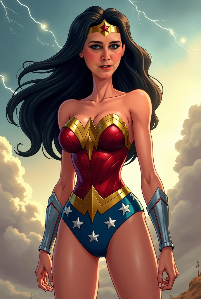 PhotoRealistic Art Style Best Qualit:1.3, Natural Beauty, Masterpiece, Full Body View Visible, Hailee Steinfeld, Perfectly Accurate Face Proportion,Realistic Light Hazel Brown Eyes, Thick Eyebrows, Brown hair, slim toned Thighs, tight ass, perky round breast , slim athletic body type, perfect body type, wonder woman, Regal Posture with Focus on Buttocks: Standing elegantly with one foot slightly in front of the other, the tight suit clings to Wonder Woman’s body, highlighting the curves of her hips and the shape of her buttocks. The suit's fit emphasizes her graceful yet powerful form, with the smooth lines accentuating her posture.