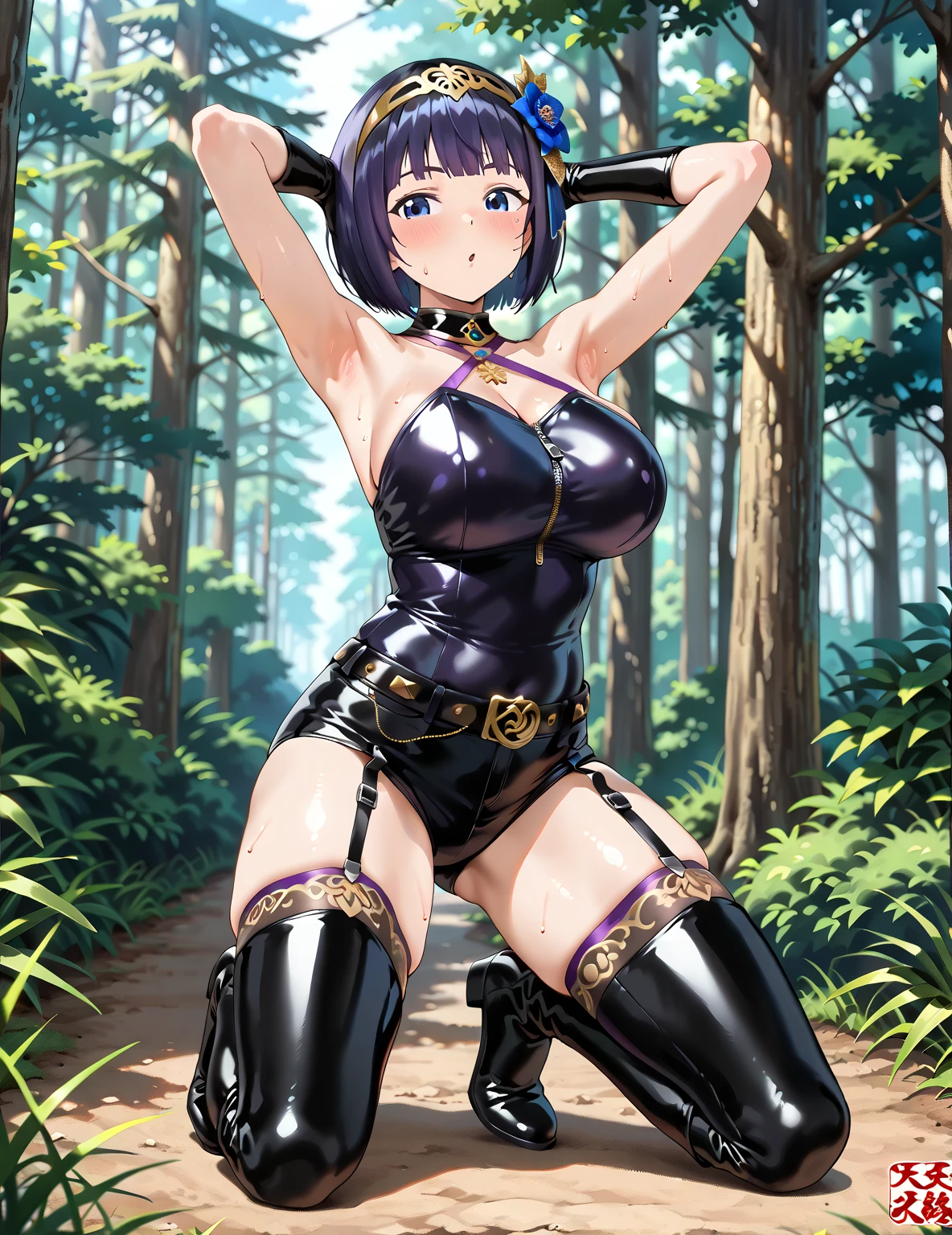 1 girl, high quality, (short hair), forehead, (medium breast), (straps on thighs:1.3), white background, plants, (stocking), (sweaty:1.1), (nipples:0.8), thick thighs, (middle Ages:1.2), (cameltoe:1.1), bikini, (cyborg), armor,