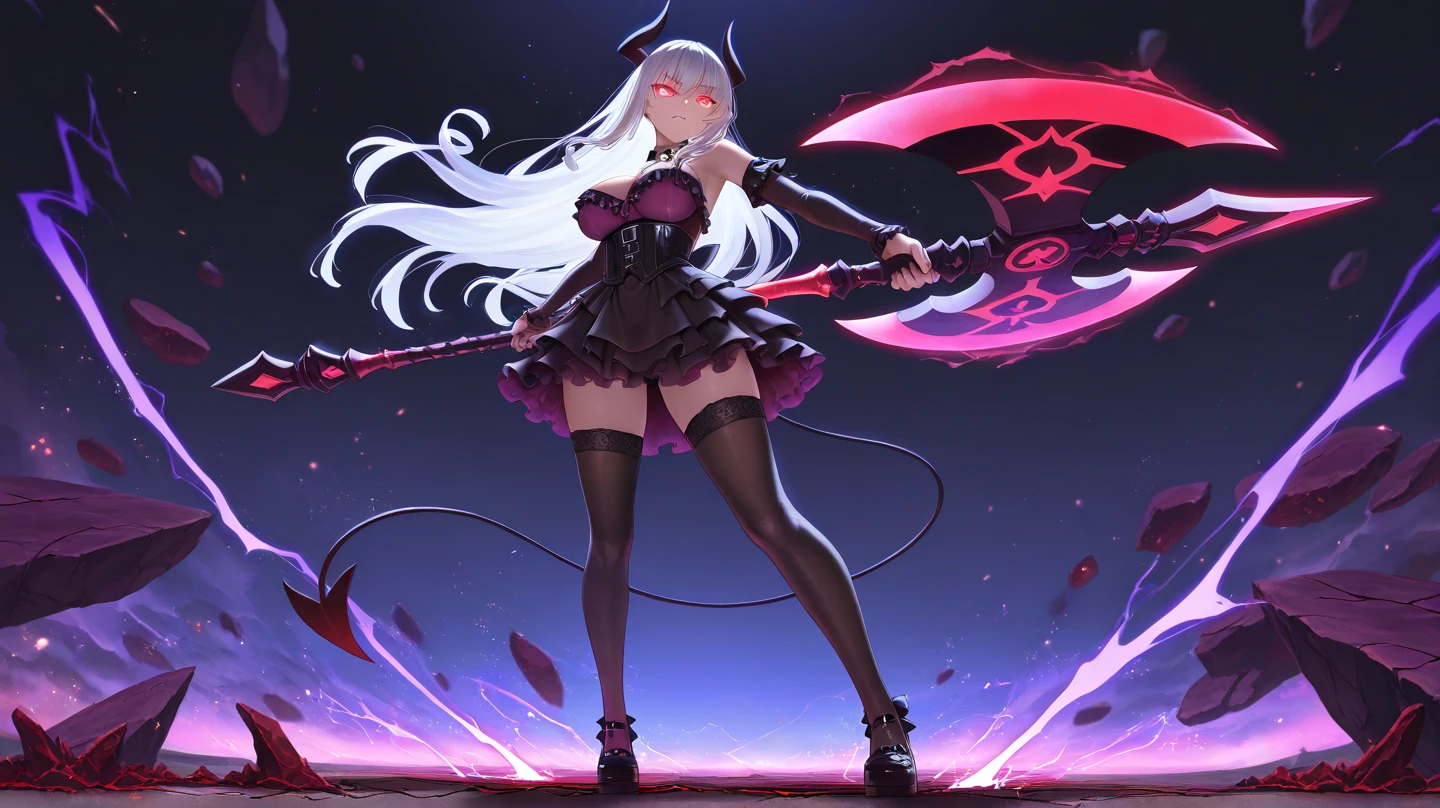 1girl,mature female,solo focus,glowing magenta eye,colored sclera,white hair, long hair,(((pale skin,extremy white skin,hair over one eye,halo pink))), sharp teeth, open mouth,(((medium breasts,glossy body))),((white bra,bartender vest,white skirt,bare feet)),(((villain,psycho,villain smile,psychopath,angry))),(((running in front a stones ruins in night,attacking holding a magic magenta Scythe))),masterpiece,hd,best quality,8k,detailed face,close-up on face,perfect face,(waist-up view)