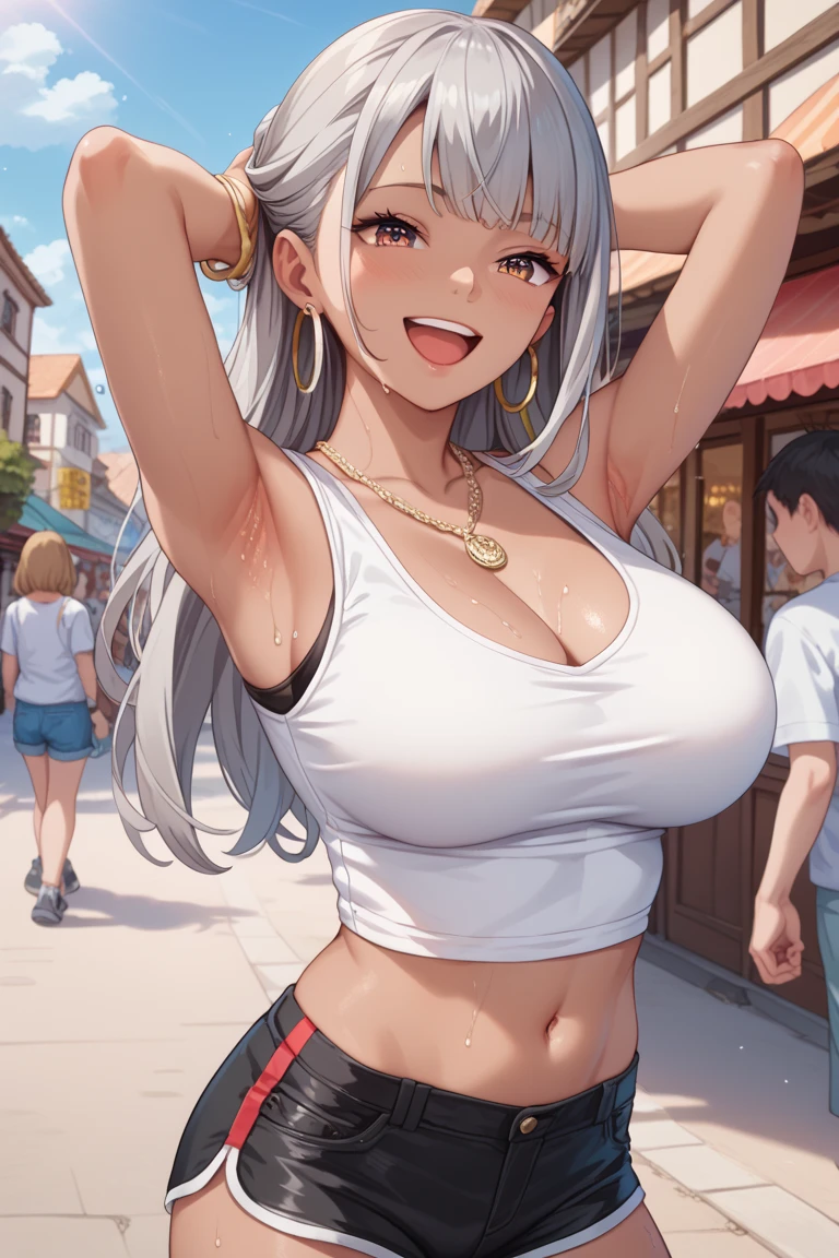 (Ultra Masterpiece, Best quality, 8k), Detailed Face + eyes, (Absurdres), (Skindentation), (Best shadow), (Anime), /(Tsundere face)/, /(Tsundere looks)/, (Perfect face)+, (seductive beauty)+, (Gyaru), Huge breasts, Very curvy, (grey hair), Long hair, Bracelets, Beautiful hairstyle, (amber eyes), Full lips, ( face filled with happiness, angry expression, grin), (cute face), cute, ((beautiful character design)), At home, ( Intricate Clothes, intricate clothes ), BREAK, Professional photo, (Toned legs, Thick thighs), Big breasts, Ray tracing, (Perfect face)+, Octane render, good looking tank-top, ((white) loose tank-top: 1.3), tank top, good-looking shorts, ((pink) shorts: 1.2), shorts, open clothes, (cleavage), Huge breasts, (Shiny skin), (healthy body), 1 Female, (bold and assertive pose), (Very sexy+, Gorgeous woman++, young beautiful woman+), ( Facing the viewer ), ((Tsundere))+