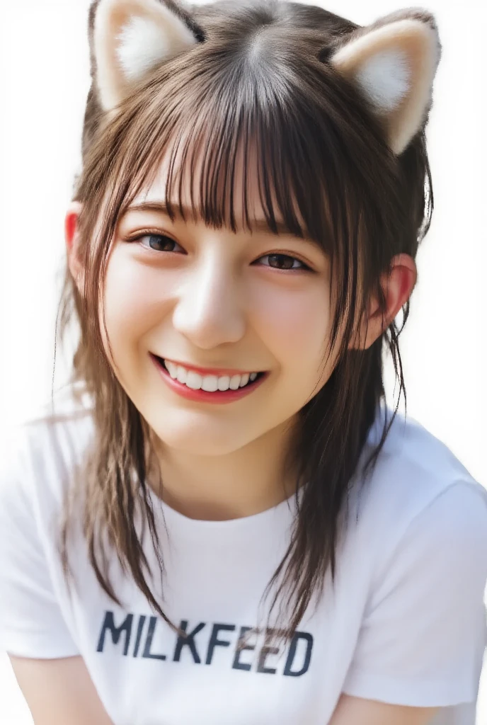 (Highest quality、8k、32K、masterpiece)、(Realistic)、(Realistic:1.2)、(High resolution)、Very detailed、Very beautiful face and eyes、1 girl、Round and small face、Tight waist、Delicate body、(Highest quality、Attention to detail、Rich skin detail)、(Realistic、Realistic:1.37)、Bright colors、(((Chestnut Hair)))、(((Cowboy Shot)))、(((Frame In)))、(((Medium Hair)))、(((Fair skin)))、(((seaside resorts)))、(((smile)))、(((Teeth are visible)))、(((T-Shirtsを着る)))、(((Touch your chin with your right hand)))、(((T-Shirts)))、(((Clothes with English print)))