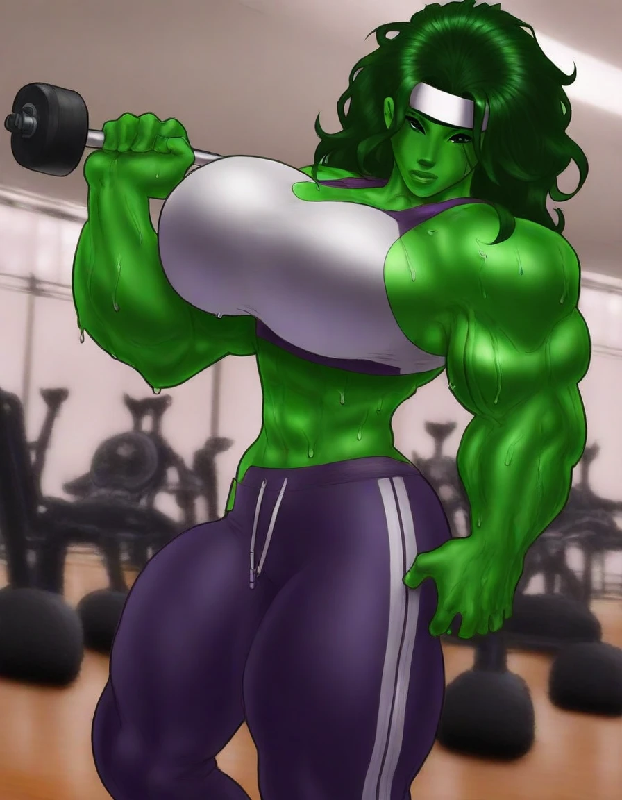 ,2girls,green skin,confused, muscular female, alternate muscle size,,muscular ,biceps,muscular,muscular thighs,blush , thick thighs,abs,torn clothes,panties