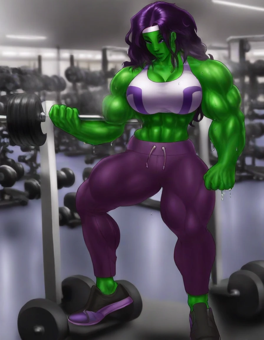 <lora:Gideons_Corral_IL_r1:1> gideonscorral, muscles, gym, lifting weights, sweaty, large breasts, headband, sweatpants, sports bra, she-hulk,
masterpiece, best quality, amazing quality, very aesthetic, absurdres, newest,