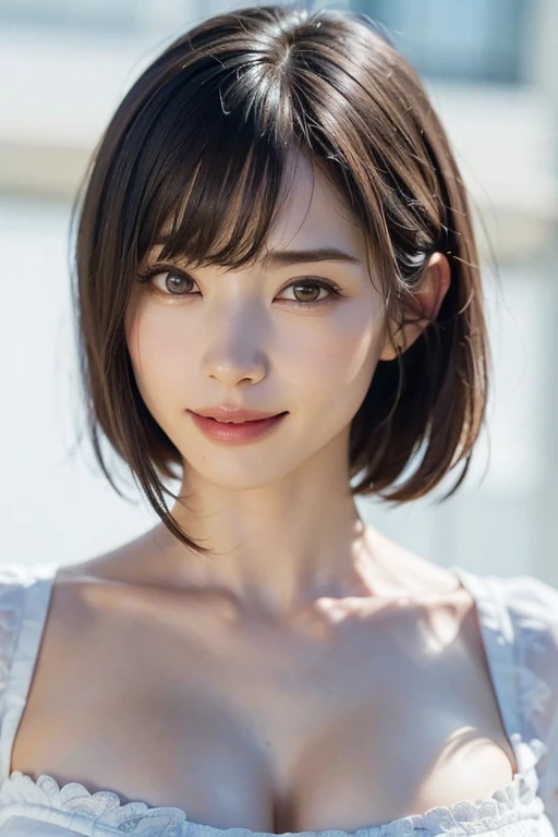 (masterpiece, highest quality),1 girl, alone, scarf, have, realistic, realistic, looking at the viewer, light colored black eyes, Brunette short bob hair with highly detailed shiny hair, Winter clothes, Whity, lips, bangs, outdoor, closed mouth, Upper body、Big eyes、eyelash、((There&#39;There&#39;There&#39;There&#39;There&#39;There&#39;s really no background、really pure white background))、(((bangsのあるショートヘア、Big eyes、big and full chest、look at the audience、beautiful beauty、show me your ears、long neck、smile、please close your mouth and smile)))、ideal body proportions、（Tree-lined avenues in the winter wilderness of England）、{Huge|big|Hugeな|mega} chest, cleavage