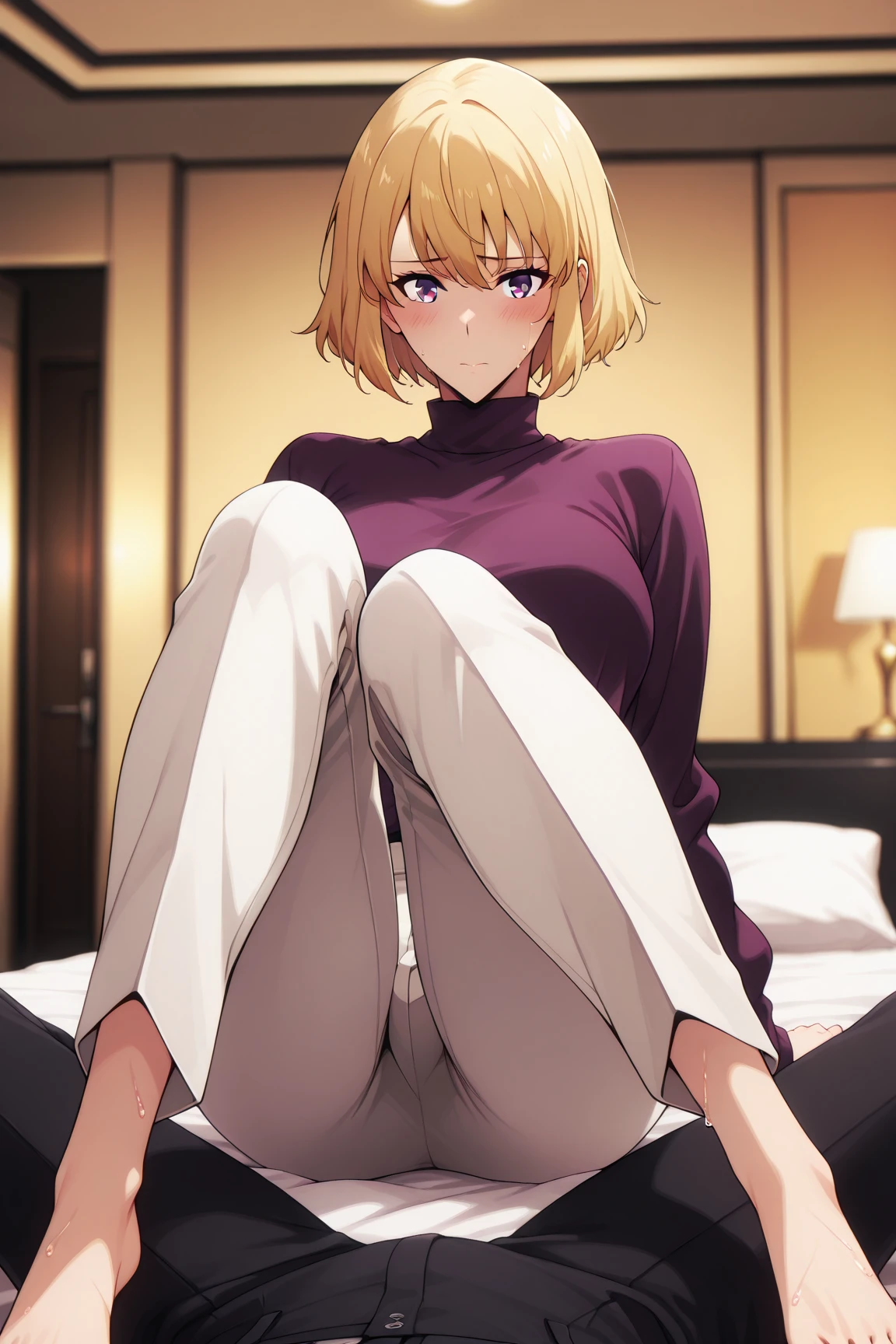 boy blonde hair slicked back, with some front locks, gold eyes, red wings on his back, delicate, With curves, clothes black shirt and light brown pants sitting on a bed carrying on legs girl long red hair bare front, Red eyes, clothing low-cut black long-sleeved blouse with big breasts in black shorts (Boku no hero academia, Hawks Keigo Takami )