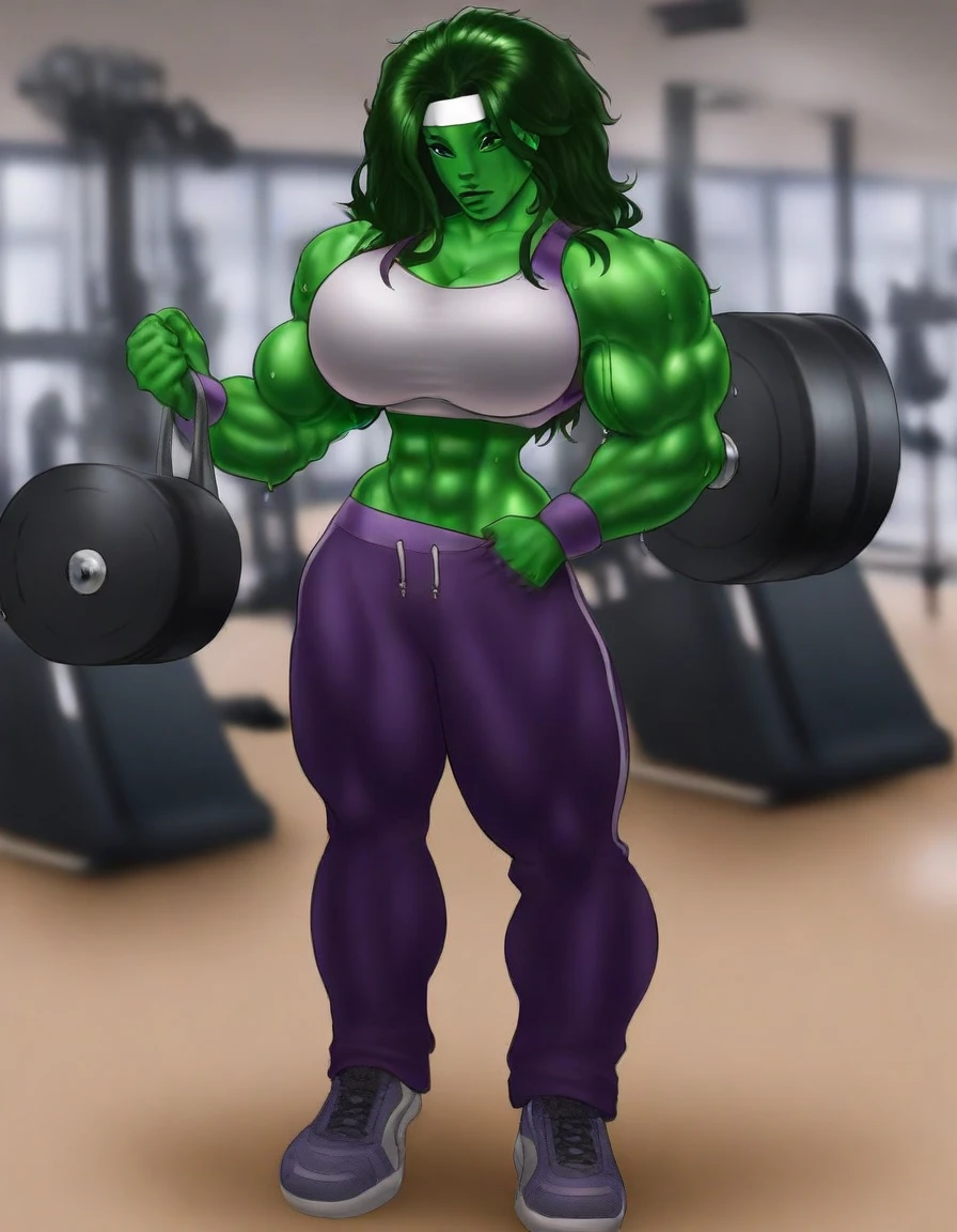 <lora:Gideons_Corral_IL_r1:1> gideonscorral, muscles, gym, lifting weights, sweaty, large breasts, headband, sweatpants, sports bra, she-hulk,
masterpiece, best quality, amazing quality, very aesthetic, absurdres, newest,