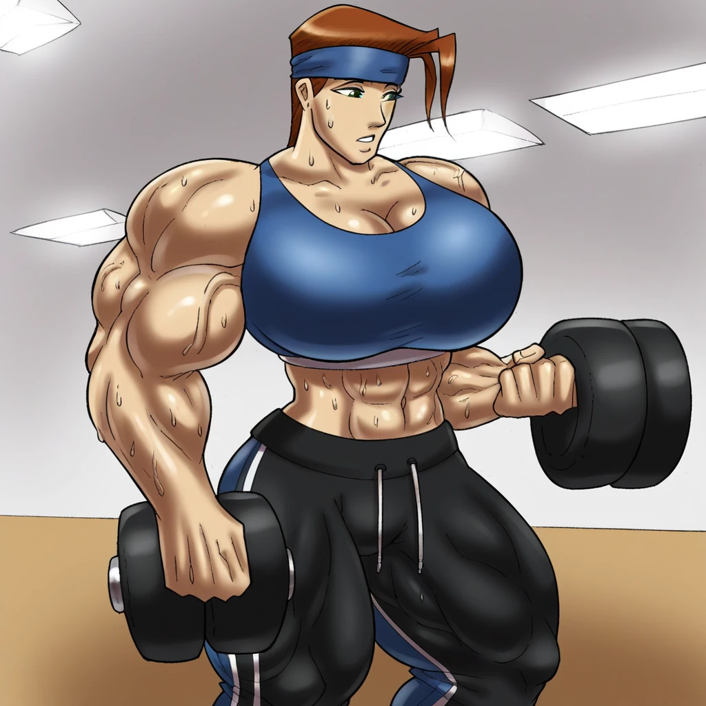 score_9, woman, solo, <lora:Gideons_Corral_Artstyle_-_PonyXL:1.0> gideonscorral, muscles, gym, lifting weights, sweaty, large breasts, headband, sweatpants, sports bra,