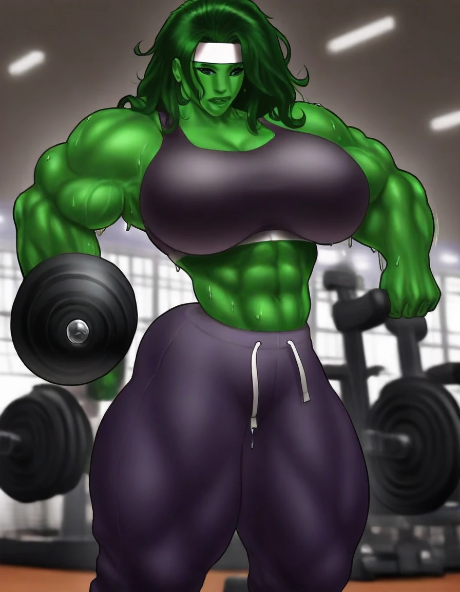 ,2girls,green skin,confused, muscular female, alternate muscle size,,muscular ,biceps,muscular,muscular thighs,blush , thick thighs,abs,torn clothes,panties