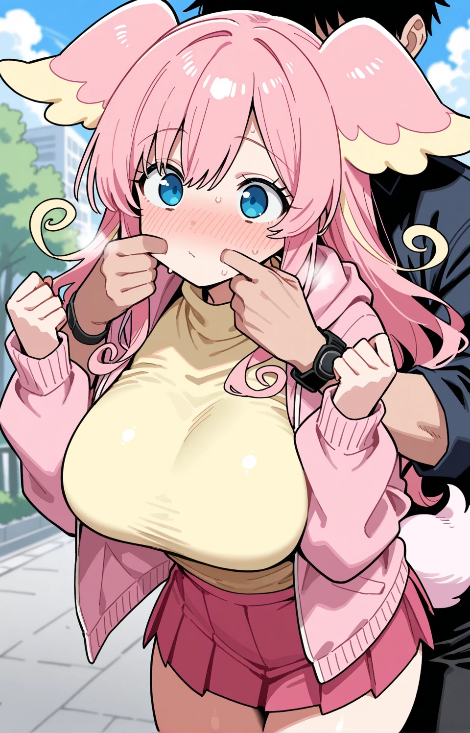 masterpiece, best quality,anime style, 1 girl,(((slender body))), (((small eyes,small breast,breast milk,breastfeeding a monkey baby))),(((Jacket, Open your clothes, Open jacket, Blue jacket, ground vehicle, Sports Bra, bicycle,buruma))),(((((a monkey baby grabbing the girl))))),((((cum)))), (beautiful face), (((single braid))), (((straight hair))), ((((pink hair)))),detailed beautiful skin, (perfect hands, perfect anatomy)