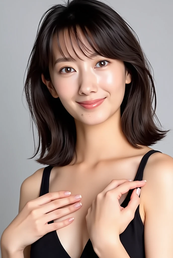 Highest quality,masterpiece,Ultra-high resolution, Very detailed, 8k,Beautiful 25 year old Japanese woman:1.5, blunt bangs, Very short hair、 Small face, Breast Augmentation Surgery、 Condescending smile:1.8、 Very detailedな臭い脇の下