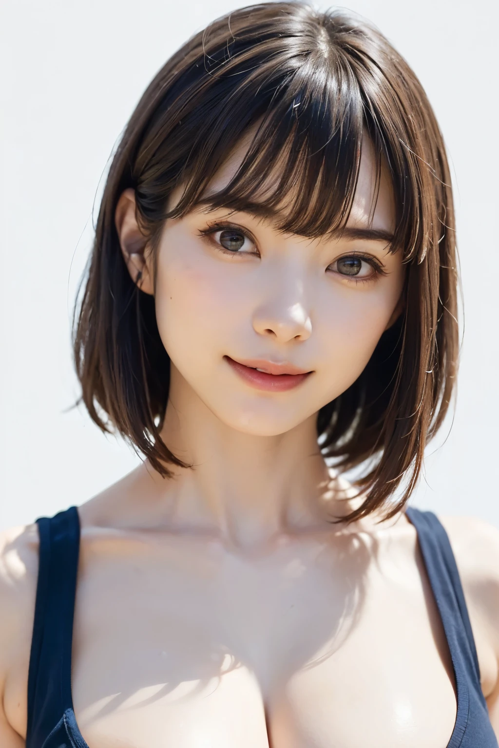(SFW:1.8、masterpiece, Highest quality),1 Girl, alone, hyper Realistic, Realistic,Realistic, Looking at the audience, Light brown eyes:1.4,短めのBrunette Short Bob Hair:1.6、Highly detailed shiny hair:1.5, Very delicate and beautiful、Brightly colored off-the-shoulder dresses.:1.4, See-through outfit、Lepangas:1.4), Mouth closed, Upper Body、Big breasts eye、eyelash、whole :2,(((Add highlights to the eyes:1.4、Big Eyes、Short Bob Hair、Glowing Skin:1.4、Looking at the audience、She is very 美しい and cute、Show me your ears、Beautiful long neck、smile、Close your mouth and smile、bangsと美しい歯)))、Ideal body type、((Beautiful blue background:2、Simple blank blue landscape:2、Very simple blue background:2))、Beautiful long neck:1.4、、(((Portraiture:2、Face close-up:2、Face close-up:2)))、Perfect Anatomy、((bangs:2))