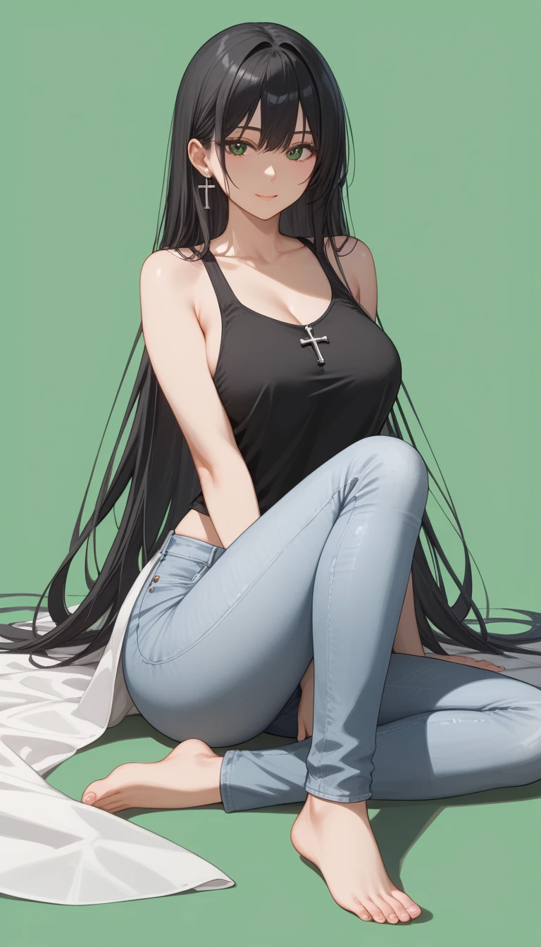 (Master piece), 1girl, long black hair, black eyes, glow eyes, unkind face, very detail face, Wearing a black plaid shirt inside a white tank top, blue short jeans shredded, white shoes, left ear earring, ring tatoo, full body, sit at cafe, 4k, 8k, ultra detail.