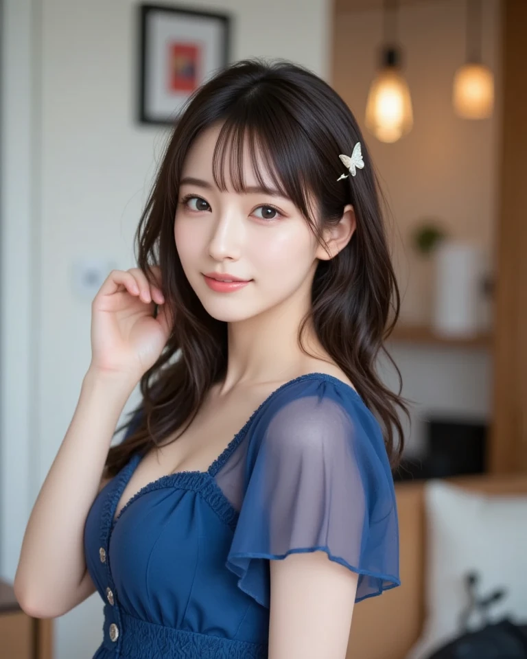 Tabletop, Highest quality, figure, Super detailed, In detail, High resolution, 8k wallpaper, Perfect dynamic composition, Beautiful attention to detail, dress,Medium Hair, , Natural color lip, Random sexy poses,smile,Osaka,20-year-old girl,cute
