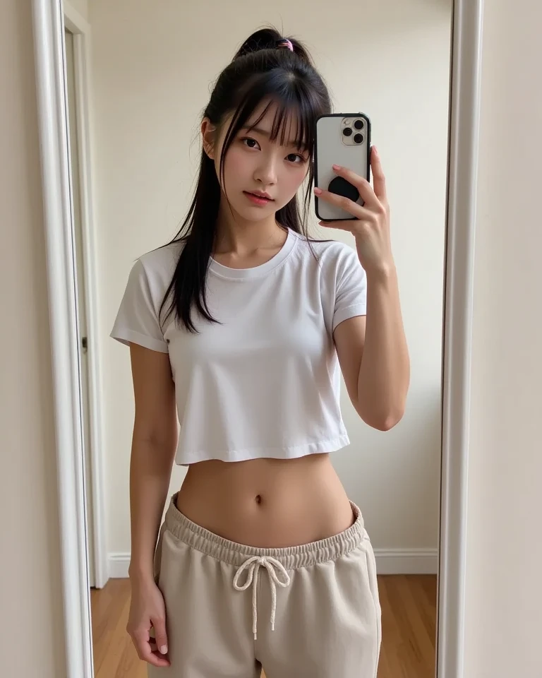 Woman taking selfie in bathroom mirror, photo of slim girl, thin waist, slim girl model photo, thin waist and thick hips, crop t-shirt with torn Nike mark, thin waist, navel exposed, thin waist, slim waist, kpop idol, aespakarina, gorgeous young korean woman, korean girl, young woman, She is Korean, cute young woman, beautiful Korean woman, very detailed face and skin texture, very detailed face, very detailed eyes, very detailed skin, very detailed nose, very detailed detailed mouth, perfect anatomy, highly detailed background, detailed black eyes, seductive 20 year old Korean beauty, one black dot at the bottom left of the lip, thin silver necklace, Nikon RAW photo, 8k, Fujifilm XT3, (highest quality, 16K, Masterpiece: 1.3)), Sharp Focus: 1.2, Real