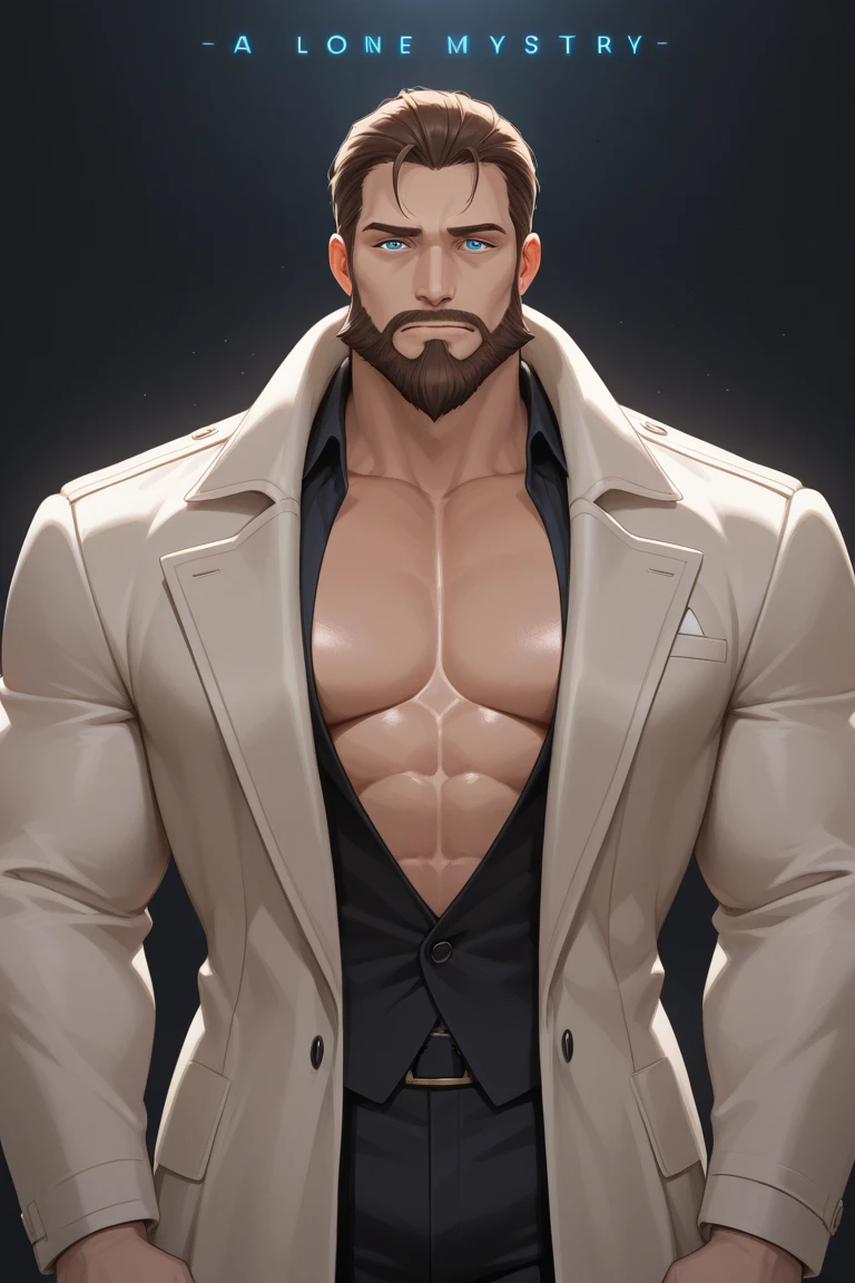 very masculine male face, stuble beard, rugged looks, aesthetic body, formal blazer, visible upper chest muscles, light brown eyes, dark war background