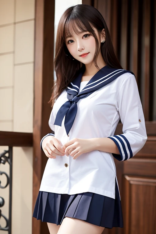 Glasses Sailor uniform Slightly protruding chest Very small height Sitting Arms and thighs slightly thicker Chest buttons undone, showing bra Chest slightly larger Middle school student Arms slightly thicker