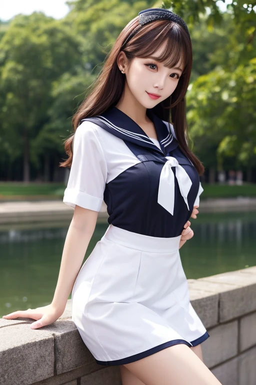 Beautiful, 20 Years old Aishwarya Rai, cute face,super detailed face,detailed hand,beautiful skin,oily skin,big eyes,profeccional lighting,medium hair,black hair,brown beautiful eyes, big smile,standing, (skirt lift),big breasts,(sailor suit),(checked skirt), white panties,