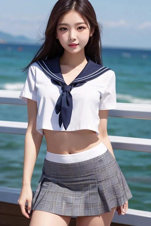 (best quality, 8k, 32k, masterpiece, UHD:1.2), (RAW photo), (realistic), (photorealistic:1.2), (high resolution), huge filesize, ultra-detailed, extremely beautiful face & eyes, 1girl, japanese elementary school student,14yo, 13yo, 12yo, round small face, baby face, thin waist, beautiful belly skin, large breasts, slim proportions, perfect thin thighs, small butt, (darkblue pleated mini skirt, japanese sailor, sailor fuku, serafuku, japanese school sailor suit, sailor red neckerchief), nice hands, perfect hands, accurate hand depiction, sweaty, shy smile, pure white teeth, from below, (blue sky, summer, sun, beach, palm tree, outdoors),