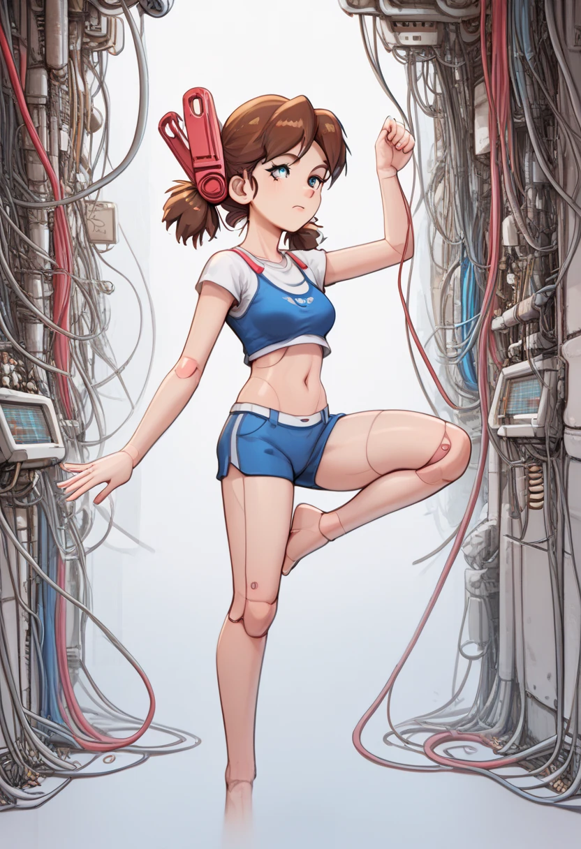 (masterpiece, best quality;1.3), ultra detailed, 1girl, solo, smile,  looking at viewer, 1girl, solo,
 <lora:Edward:0.8>, edward,
tan skin, tomboy, orange hair, spiked hair, brown eyes, blush stickers,  rise arm, rise leg, dancing,
midriff, loose white shirt, off shoulder, barefoot, black bike shorts,goggles on head, big smile, fighting pose,
lots of large CRT monitors, hacker, lots of keyboards,multi monitors, sf, cyber punk, future, from above,