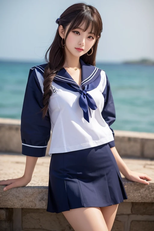 (((very loud laugh))),1girl,(((Frontal bust shot angle))),Wide open chest、(((Okinawa ocean)))、(((White sand beaches in Okinawa)))、8K UHD、Digital single-lens reflex camera、High resolution、Shallow depth of field、Natural light、(((Sailor suit)))、(((navy blue super mini skirt)))、(((Full body photography)) )、Small person、(((Young face)))、1 Japanese female、14 years old;beautiful girl、(Black Hair)、A strong wind blows up my skirt、(((Brown eyes)))、Glowing Skin、Smooth Thinning Hair、Long Hair、Detailed background、Detailed eyes and face、Clear Eyes、Cute smile、Calm atmosphere、(((stage)))、(((Small breasts)))、(((Beautiful Eyes)))、Flat chest、Children、(((Toned thighs))) 、(((Angle from below) ))、(((Fine lips)))、(((Skirt fluttering)))、Shining beautiful legs、( Skirt fluttering violently in the strong wind :1.4), (hair blowing in the strong wind:1.4), (leaning forward)、(((barefoot、barefoot)))
