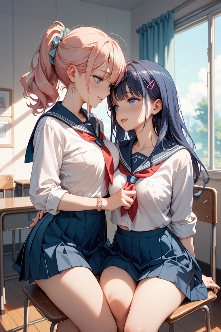 ((Highest quality、High resolution))、(((Two Girls))), Portraiture、beautiful girl、Perfect body、Beautiful and bountiful breasts、classroom、high school girl、Sailor suit、Embarrassing、(((抱き合ってkissしてる、kiss、lily、I'Seduce you)))、evening、Beautiful sunset