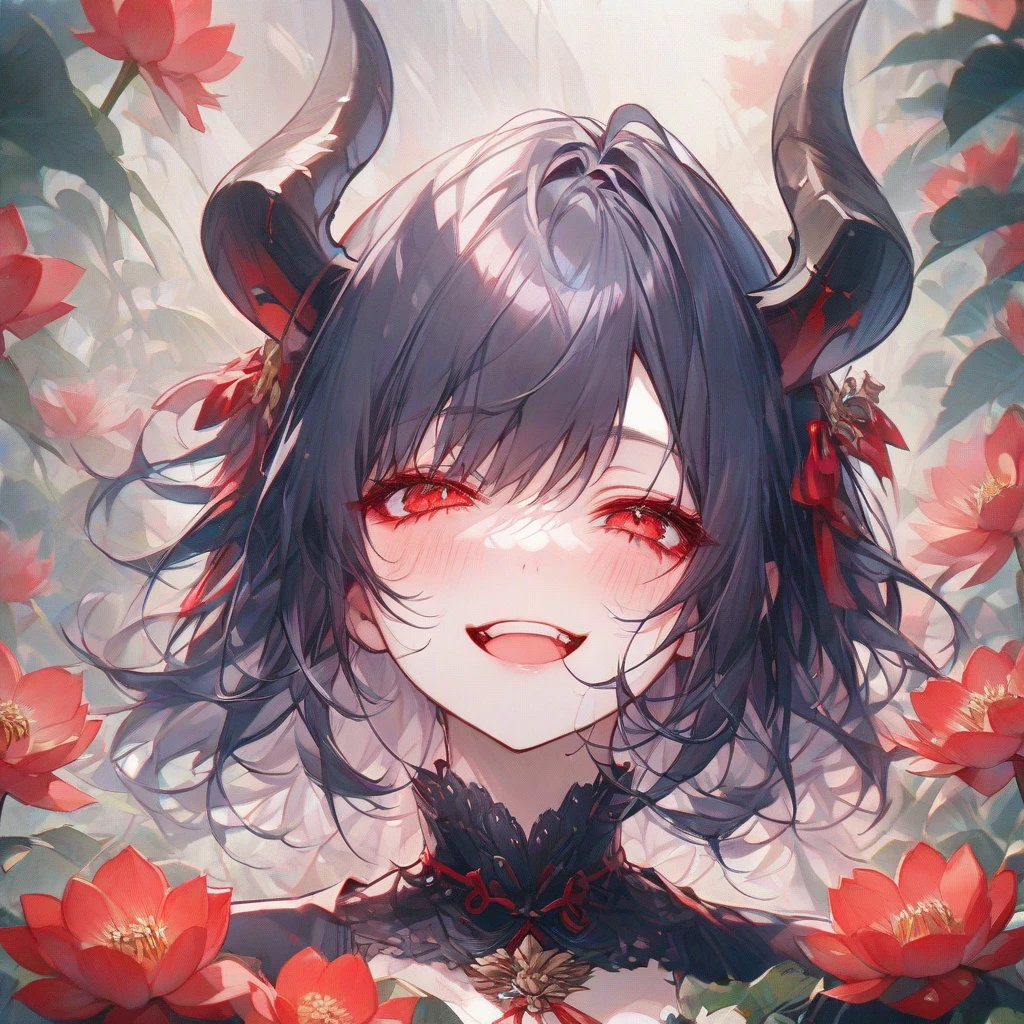 score_9, score_8_up, score_7_up, Japanese teenage girl, floral kimono, exposed shoulders, beautiful face, thick eyelashes, glowing white eyes, white demon horns, long flowy black hair, cute smile, dark eyeshadow, glowing shoulders tattoos, glowing back tattoos, floral decoration in hair, night time, shinning moon, lit by moonlight, ambient lighting, fangs