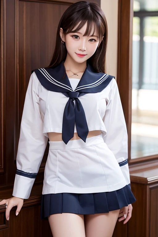 masterpiece, best quality, illustration, Super detailed, fine details, High resolution, 8K,wall paper, perfect dynamic composition,(Details High quality, realistic depiction of eyes:1.3), Black Sailor Uniform, serafuku, Navy pleated skirt, huge breasts, short bob hair, black hair color, Big Natural Color Lip, bold sexy pose, crying a little、 Harajuku style、20 year old girl、cute type、lolita、beautiful legs, hotel room, full body photo、focus on crotch, hposing Gravure Idol