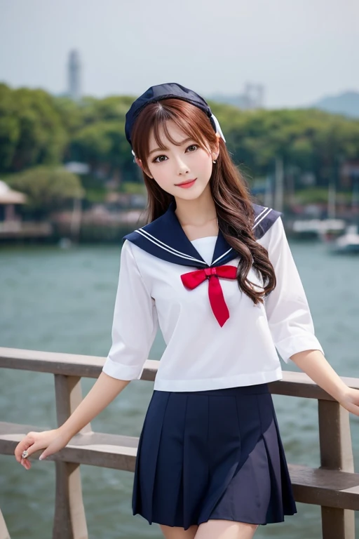 NSFW, 16k raw photos, highest quality, masterpiece, ultra high resolution, film grain, ((She is wearing (a high school sailor uniform).
(navy sailor collar:1.4),(white shirt:1.4),(navy pleats skirt:1.4),(navy bow:1.4))).film, 1 girl, look at the audience, Natural skin texture very heavy chest))),Realistic eye and face details, full lips, lipstick makeup), red eyeshadow, Fluffy ponytail hair, messy hair, A sloppy smile, beautiful legs, tall woman, skinny, slim_Legs, solo, huge breasts, cleavage, butt, shirt,, around the flower position, (detailed background,skimpy white shirt, huge breasts, cleavage, blurred background, plaid,, ((JK with a silver ribbon wrapped around her neck))),big JK ribbon, brown hair, bracelet, water, bangs, jewelry, parted lips,, Depth of bounds written、Underarm pussy、beautiful sea、water color striped pattern、beautiful sandy beach、