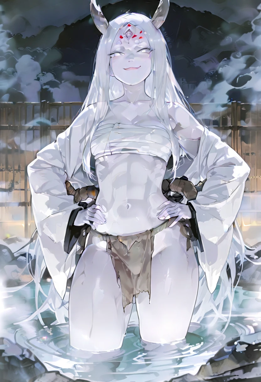1girl, dark elf, dark skinned, red eyes, long white hair, underground lake, medium breasts, budget sarashi, fundoshi, standing, looking at viewer, partially submerged, wet, wet hair