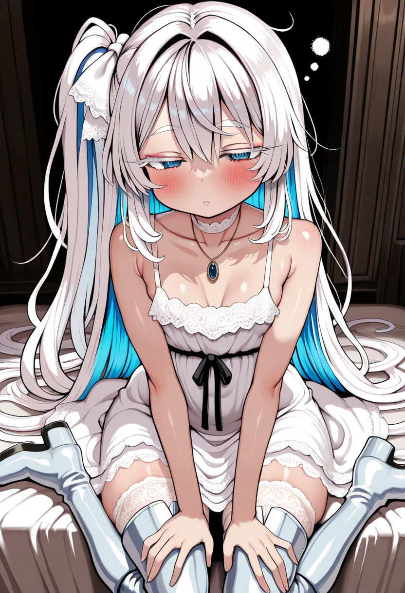 <lora:ruru.XL_v1.3.1:1>best quality, solo, 1girl, long hair, braid, looking at viewer, dress, tail, animal ears, twin braids, bandages, hair between eyes, bare shoulders, twintails, small breasts, breasts, rabbit ears, white dress, frills, upper body, bangs, sleeveless, very long hair