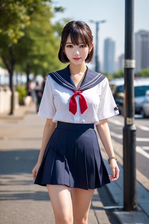 (high quality, 4K, 8k, High resolution, masterpiece), Cowboy Shot、Beautiful Japanese、Shiny black hair,、Beautiful short bob hair、Asymmetrical bangs, eye, Smooth and soft skin, Pale pink lips, Natural Makeup, A kind smile, Sailor uniform BREAK Red bow tie BREAK Navy long pleated skirt, High resolutionの美しい太もも, blue sky, Professional Lighting, Professional Photographer, Low - Angle、Navy knee-high socks、