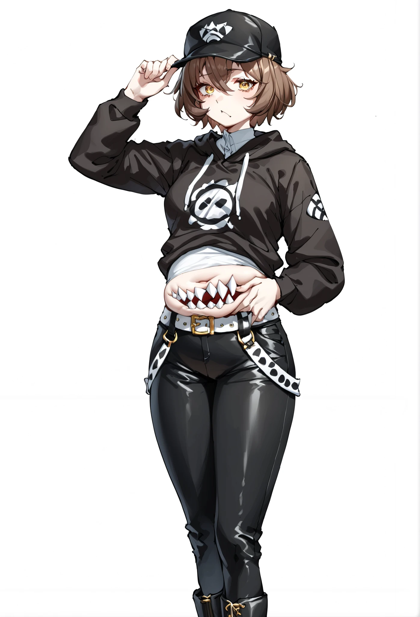 Monster girl. Mouth on belly. Brown hair. Short hair. Sleepy eyes. Yellow eyes. Hunting cap. White shirt. Black hoodie. Large belt. Black swim pants. Showing belly. Grabbing hat. Thighs. Black oversized boots.