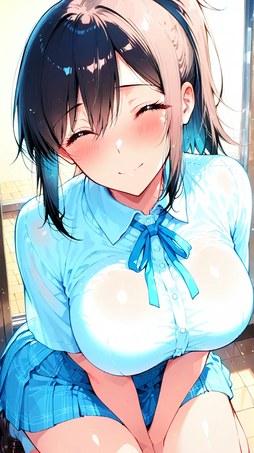 (HD), (8k), (Ultra high quality), (Ultra High Quality), (Ultra High Resolution), Very detailed, , One Girl, cute, (Large round eyes, short hair, Black Hair, Smooth hair), high school student, Light-filled eyes, (uniform), (Polo shirt), (Red tie), (Black Stockings), (The clothing is revealing at the chest.), (), Ridiculous, Cowboy Shooting, blurred, Focus on women, Zoom in on the face and capture the whole thing, Looking at a woman from directly above, Tears in the eyes, Open your mouth, What saliva leaves behind, (naked, 全), Beautiful breasts, (Meded breasts), (Nipples able), (Fematalia is visible), (Pubic hair is visible), Plump round nipples, Big and thick nipples, brubic hair, (Detailed ni (Detailed female genitalia), Wet skirtovely, A large amount of sticky, transparent fluid from the mouth, Sweat, blush, Embarrassing, Slender figure, (Use both hands to spread the chest area of your clothes), (strap slipnipples), M-shaped legs, (Lift your legs up and bend your knees), (Spread your legs), You can see inside the female genitals, (pussy, sitting, spread legs), (Use both handl and sprear genitals), (spegs up, hold own tyinghs, lying), School, Classroom Ba, Sit on a cnt, Thighs, Bodyline, Healthy Body