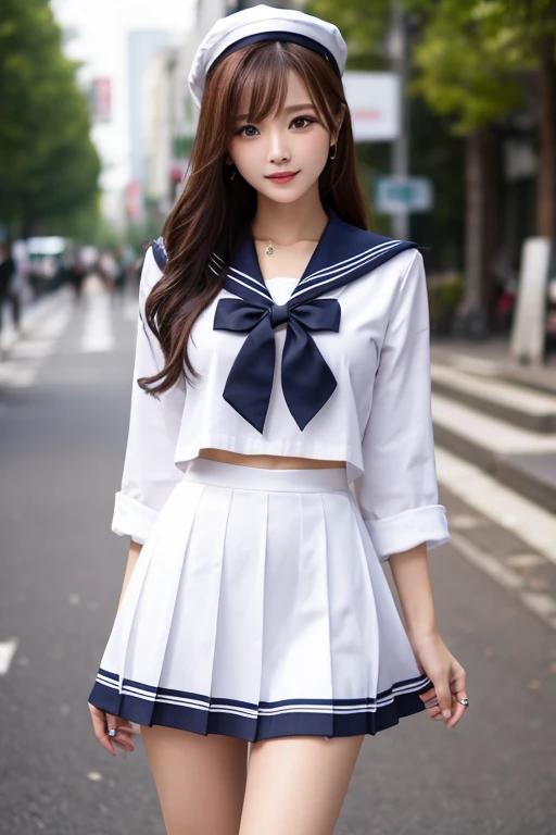 15-year-old female, (medium breasts), (Japan Schoolgirls), (white teeth), (smile:1.2), (laughter:1.2), (brown hair:1.3), (bright hair), dull bangs, hair behind the ear, shoulder hair, (black eye), (Big eyes:1.2), (long hair), ( slender body shape), (Extra-fine face), delicate lips, (beautiful eyes), light blush, brown eyes, (shiny skin, perfect skin :1.3), (sailor suit:1.3, Flared skirt in navy blue)
