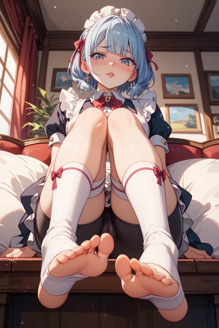 (((masterpiece, best quality, ultra detail 8K, aesthetic thighs:1.2))), 1girl, solo, sitting, knees up, ((pussy)), hollow of the knee, long legs, knees together feet apart, NSFW, genshin impact ,half-bent knees, from above