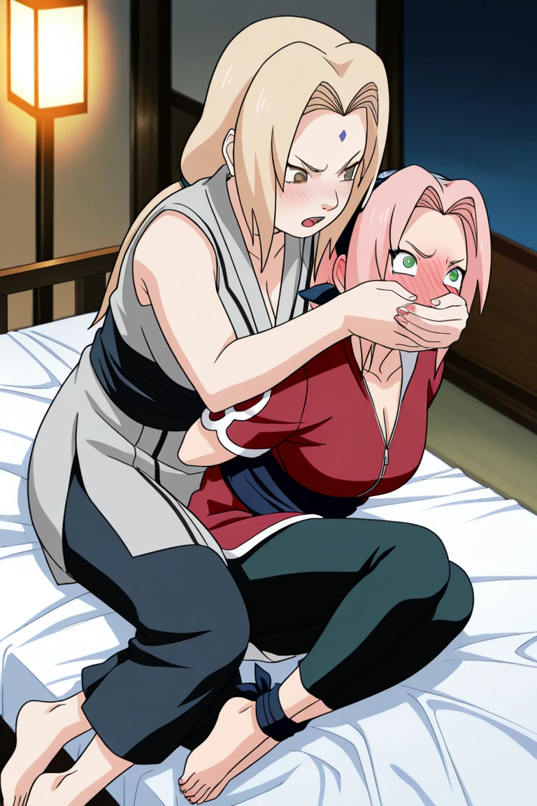 (masterpiece, high definition, high resolution, best quality, very detailed, ultra detailed), (ultra-detailed, intricate linework), (2girls), (two-person portrait), (handgag female), (tsunade, blonde hair, long hair, brown eyes, forehead mark, mature female, large breasts, cleavage, grey kimono, sleeveless, sash, collarbone, pants, barefoot, sitting on the bed on side, soft grip, covering another's mouth from behind, full-faced blush), (haruno sakura, pink hair, long hair, green eyes, red shirt, red qipao, zipper, short sleeves, bike short, barefoot, lying face down on the bed, arms tied behind her back, ankles tied, ohogao, v-shaped eyebrows), (anime style, cinematic lighting, dynamic shading, soft highlights), (top angle, dramatic atmosphere, depth of field).