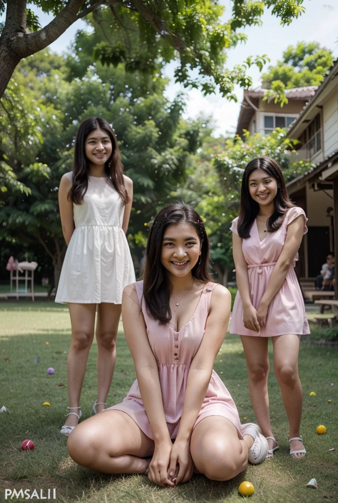 They are in front of a tree with pink flowers, a sunny afternoon
