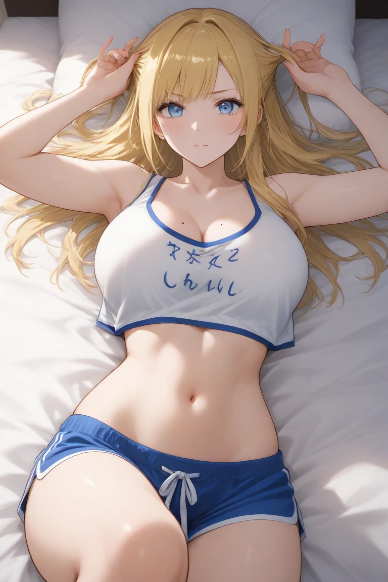 (*****, top-quality, 8K, masterpiece, Top image quality, Hi-Res, super detailing, Ultra HD, (Delicate and smooth skin, real looking skin, Perfect and beautiful face ,Perfect and cute face, high detail skin, Perfect limbs)), girl , :d , arm up above head, blonde hair , blue eyes , blushing, cleavage , collarbone , drill hair , hair ornament , indoors , large breasts , long hair , looking upwards at viewer , midriff , navel , open mouth , sitting on bed, smile , solo , stomach , twin drills , twintails , w sign, white sports bra , blue yoga pants , thick thighs, Barbara (genshin impact)