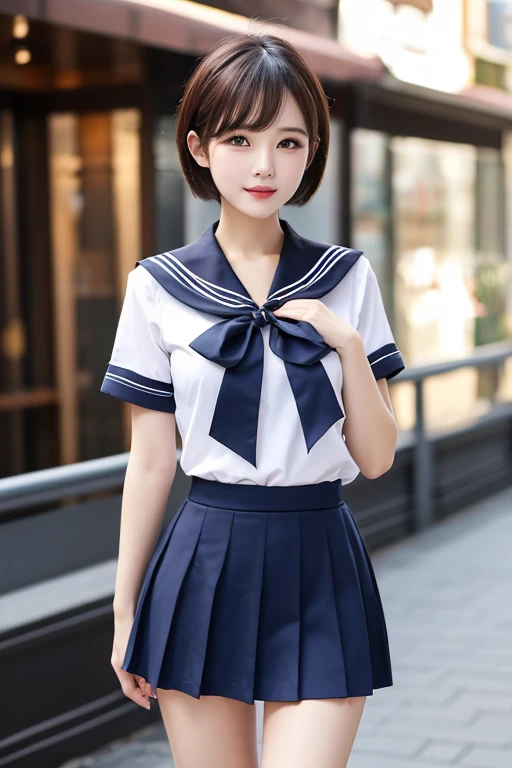 Close up of woman posing for photo,  Japanese Models, Beautiful Asian Girl, 18-year-old female model,  4K、bangss、A dark-haired、bob、Middle hair、Straight hair、(white  shirt, Sailor , Dark blue pleated skirt:1.2),　(Super cute face in idol style:1.2)、slim and beautiful figure、Beautiful breasts、A smile、