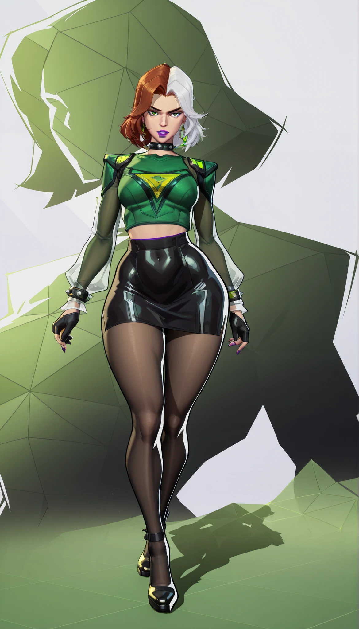 r1vals, semi realistic, cartoon, highres, full body shot,, standing, anne marie , short hair , multicolored hair , two-tone hair , brown hair , white hair , grey eyes , makeup , lipstick , purple lips , flirting , raised eyebrow , ((looking at viewer)) , studded collar , see-through , green shirt , long sleeves , black gloves , pencil skirt , pantyhose ,Rogue, Marvel, multicolored hair, brown hair, white hair, purple lipstick, purple eyeshadow, green eyes,1girl,solo, see-through shirt, skirt, spiked collar, spiked bracelets, looking at viewer,brown hair, green eyes, white hair, makeup, ,dyed bangs,,best quality , masterpiece , intricate details , absurdres, 4k, covered navel, thick thighs, skin tight, wide hips, seductive, gorgeous, showing off, green lighting, parted lips, illustration style, paiting,, abstract green flowers background setting, (two tones color background), watercolor painting. vibrant graffiti drips, isolated on a clean white background. splashes around, warm colors,, exquisite details, makeup,and powder green hues. pastel Splash technique to reproduce wet conditions, thighs, breasts, looking at viewer, , volumetric lighting, cinematic lighting,, big breast, , big perky breasts, sexy, seductive,,golden abstracts elements,, soft reflection,, BREAK,, high detail, ,(((wide hips))),, (wide thighs),(wide hips, thin waist, voluptuous), alluring, high resolution, intricate detail, lush detail,, a photorealistic photo, 8K, a mesmerizing woman, (((wide hips))),, BREAK (wide hips),, BREAK,toned ass, big ass, peachy ass, round ass, BREAK,, masterpiece, best quality,, best quality, BREAK , sexy thighs, sexy ass,(big ass), (peachy ass), toned ass, round ass, bubble ass,,