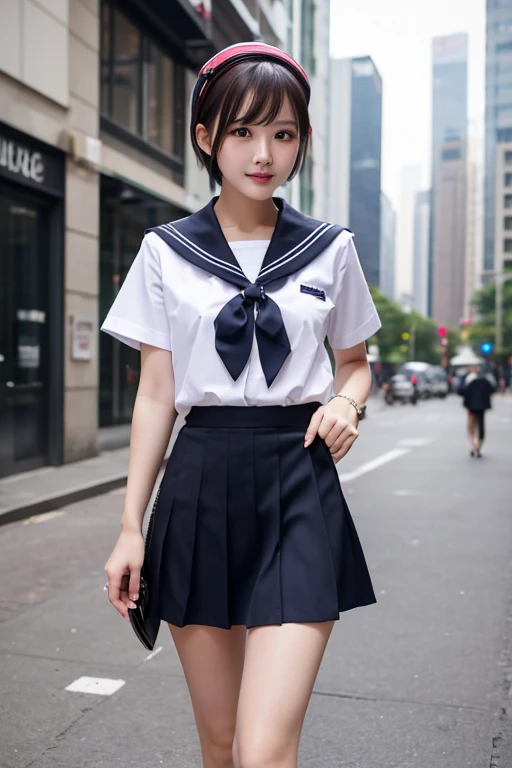 full body display、Girls in uniform、One girl、Wearing a sailor uniform、Japanese girl、17 years old、Cute face、Big eyes、Oblique eye、Short black hair、Bangs are drooping、Looking straight ahead、Height is 155 cm、Posing with body facing forward、Legs shoulder-width apart、Realistically、Realistic texture、Highest quality、RAW Photos、The background is the city
