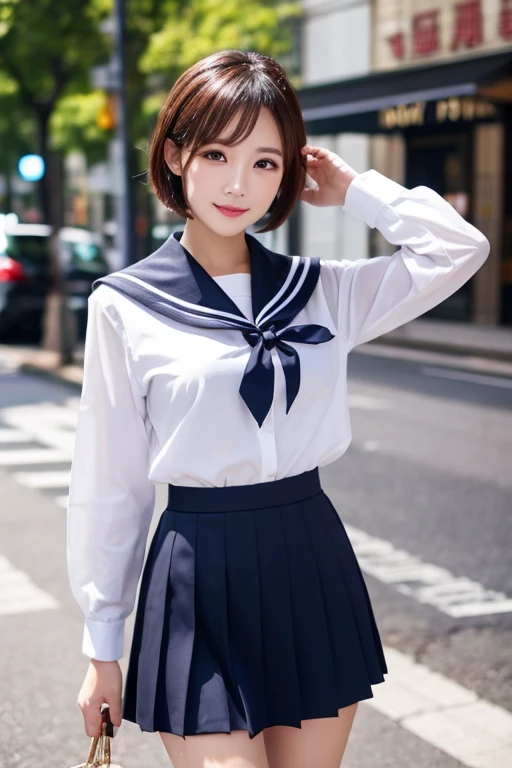 sailor uniform, One Woman, (Beautiful woman, delicate :1.3), Black Hair, bob cut, bangs, (8k), (highest quality: 1.2), (Realistic), (Realistic: 1.37), (masterpiece), (Ultra-high resolution), (RAW Photos), (Absolute Resolution), (face is small compared to body: 1.4), (Small face:1.4), balanced face, (Small Mouth: 1.4), (Slim female body: 1.4), (((long sleeve sailor uniform))), Realistic high school girl, (White headband:1.4), Small breasts, Slanted Eyes, Bright Blue Eyes, (Cafe on the open terrace), smile, Blurred, ((Full Body Shot)), (Black Stockings:1.4), Black garter belt, Three white lines on the collar of a sailor uniform,