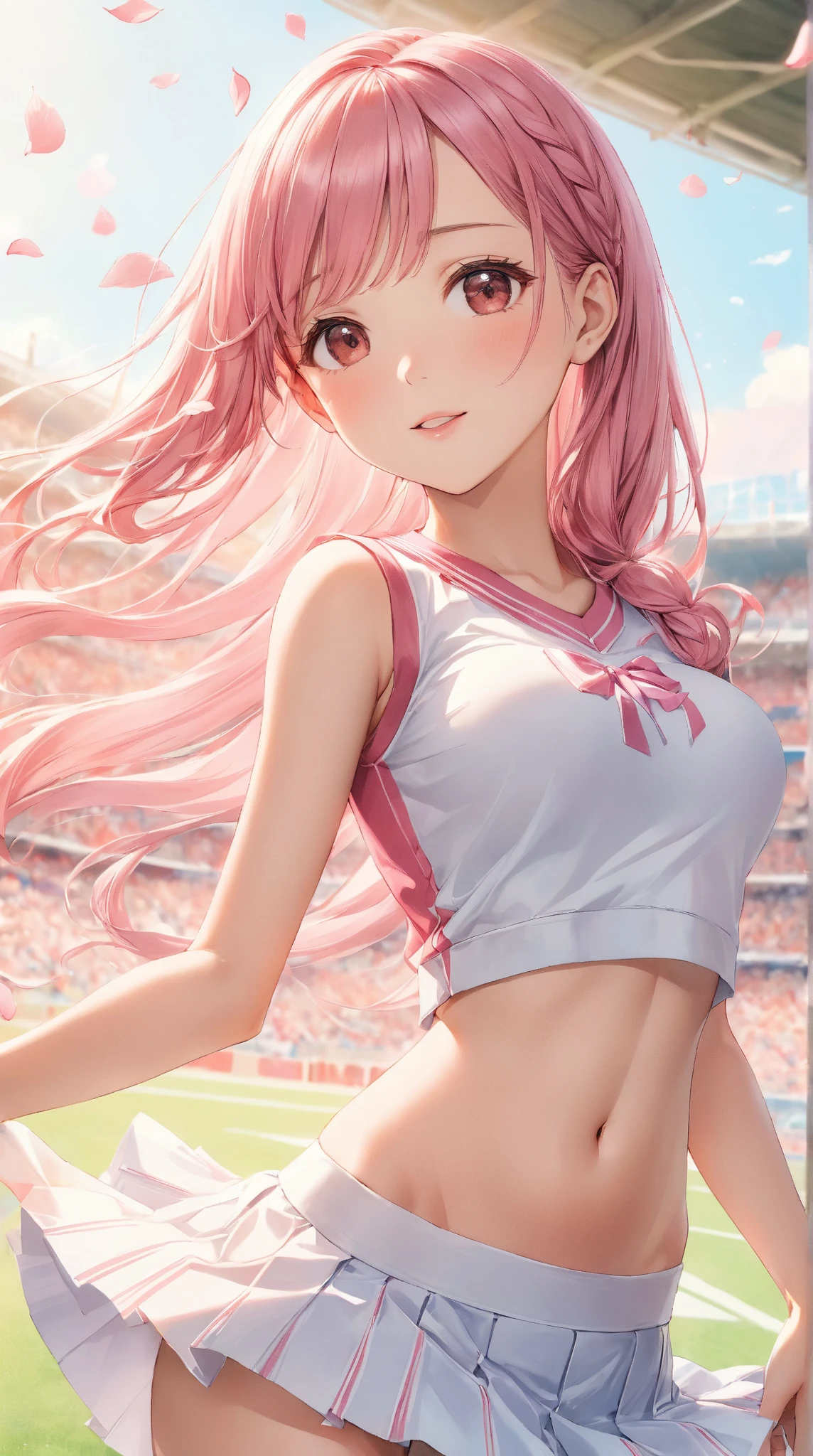 (masterpiece:1.3, top-quality, ultra high res, ultra detailed), (realistic, photorealistic:1.4), beautiful illustration, perfect lighting, natural lighting, colorful, depth of fields,
beautiful detailed hair, beautiful detailed face, beautiful detailed eyes, beautiful clavicle, beautiful body, beautiful chest, beautiful thigh, beautiful legs, beautiful fingers,
looking at viewer, full body, 1 girl, princess, perfect face, (perfect anatomy, anatomically correct), cute and symmetrical face, babyface, shiny skin, (tsundere:1.3),
({short hair | long hair}, curly hair, light pink hair), bangs, brown eyes, drooping eyes, long eye lasher, (medium breasts), slender, hair ornament, lace-trimmed hairband, necklace, earrings,
(beautiful scenery),dynamic pose, (seductive smile, upper eyes, parted lips),(cheerleader with large pompom: 1.4), (stadium: 1.5), (slender: 1.3), (baseball cap:1.2),(baseball uniform:1.2), blue mini skirt, mini skirt with white line, crouching, showing panties, pink panties,